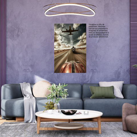 Tablou Canvas - Adrenalina pe Motoare Puternice: Întrecere între Mașini, Motociclete și Avioane, Marime 40x25CM [2]