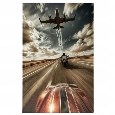 Vehicule - Tablou Canvas - Adrenalina pe Motoare Puternice: Întrecere între Mașini, Motociclete și Avioane, Marime 40x25CM