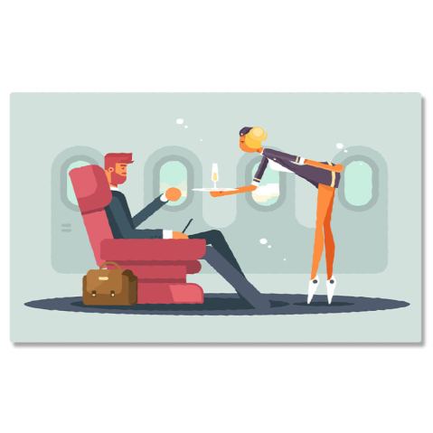 Meserii - Tablou Canvas Afacerist Imbracat Elgeant Serveste un Pahar de Sampanie in Avion adus de Stewardesa Profesionista 40x25CM