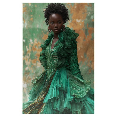 Portret - Tablou Canvas  African Style Dama in Rochie Vaporoasa Verde cu Model si Cercei cu Buzele Mari si Parul Scurt , Pictura Digitala 40x25CM