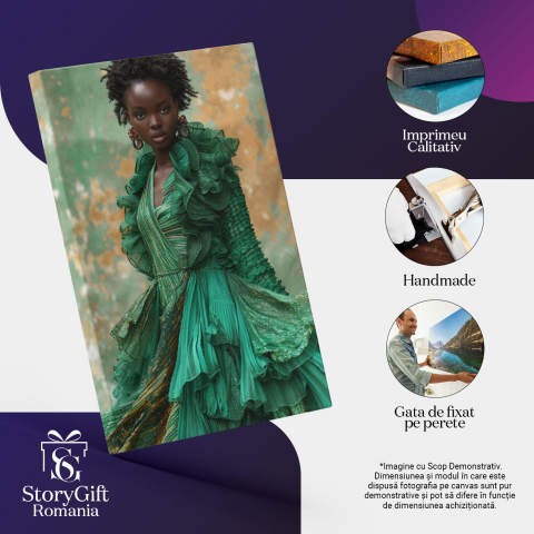 Tablou Canvas  African Style Dama in Rochie Vaporoasa Verde cu Model si Cercei cu Buzele Mari si Parul Scurt , Pictura Digitala 40x25CM [2]