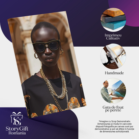 Tablou Canvas Africana cu Ochelari, Păr Scurt, Cercei Rotunzi și Lanturi Groase de Aur în Bluza Neagră | Pictură Digitală, Marime 40x25CM [1]