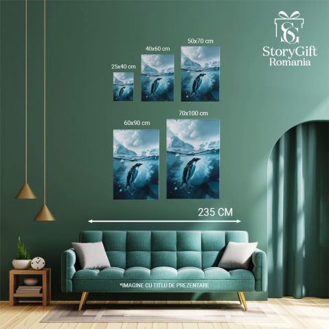 Tablou Canvas: Animalele de la Polul Nord Pinguin în Apă Ruperea Icebergului Peisaj de Iarnă Pictura Digitala 40x25CM [3]