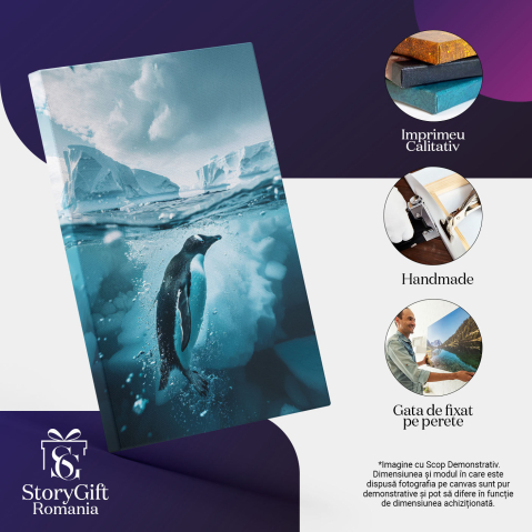 Tablou Canvas: Animalele de la Polul Nord Pinguin în Apă Ruperea Icebergului Peisaj de Iarnă Pictura Digitala 40x25CM [2]