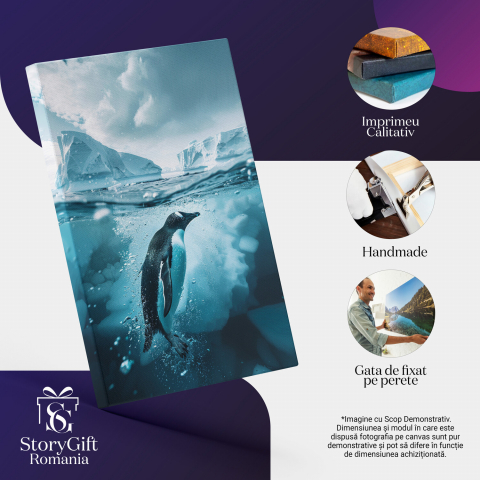 Tabloul canvas cu pinguini în apă și iceberguri, Marime 40x25CM [1]