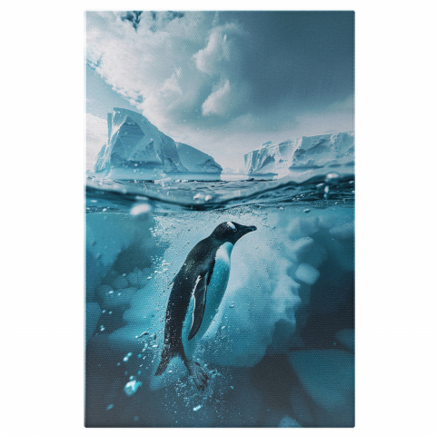Animale - Tabloul canvas cu pinguini în apă și iceberguri, Marime 40x25CM