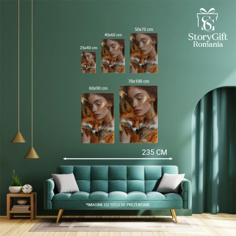 Tablou Canvas  Animalul de Companie o Vulpe Frumoasa Alaturi de Stapana ei cu Sclipici pe Fata si Parul Roscat , Pictura Digitala 40x25CM [3]