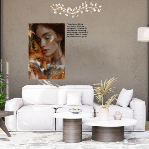 Tablou Canvas  Animalul de Companie o Vulpe Frumoasa Alaturi de Stapana ei cu Sclipici pe Fata si Parul Roscat , Pictura Digitala 40x25CM [1]