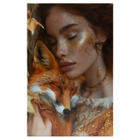 Portret - Tablou Canvas  Animalul de Companie o Vulpe Frumoasa Alaturi de Stapana ei cu Sclipici pe Fata si Parul Roscat , Pictura Digitala 40x25CM