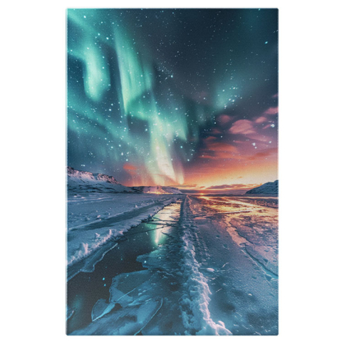 Aurora Boreală - Tablou Canvas: Apa Curată din Munții Acoperiți de Zăpadă Craterele Teritoriului Nocturn Pictura Digitala 40x25CM