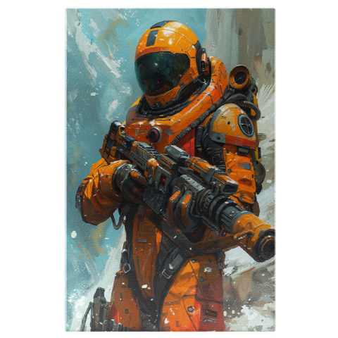 Diverse - Tablou Canvas Apărătorul Universului în Costum de Astronaut Galben și Armă Gata de Luptă , Pictura Digitala 40x25CM