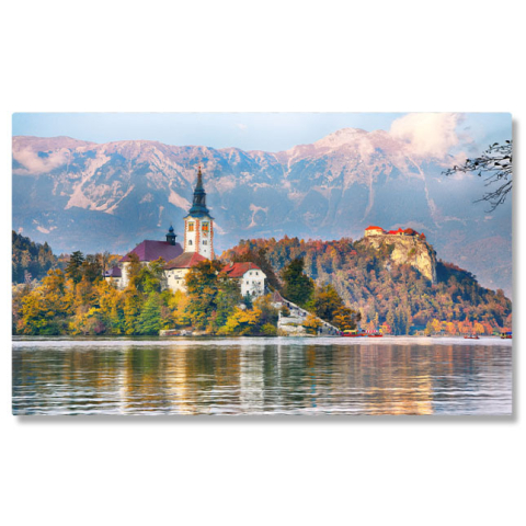 Tablouri Canvas - Tablou Canvas Apus la Destinatia Turistica Bled, slovenia, lac, toamna, natura, peisaj, constructie 524 40x25CM