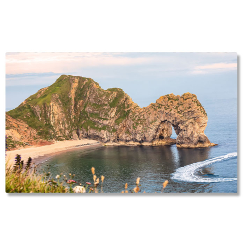 Peisaje cu Drona - Tablou Canvas Apus la Usa Durdle cu Flori Salbatice apus, coasta, Durdle Door, flori 1736 40x25CM