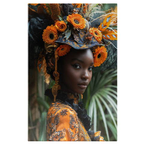Tablou Canvas Armonia Culorilor în Frumusețea Captivantă a Femeii  cu Piele Cafenie Ornamente Florale , Pictura Digitala 40x25CM [0]