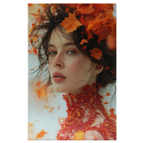 Portret - Tablou Canvas Armonia Efemeră și Simfonia Toamnei în Veșmintele Femeii Europene , Pictura Digitala 40x25CM