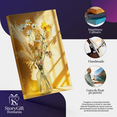 Tablou Canvas Armonia Formelor Vaza cu Flori în Lumina Dimineții Flori cu Tulpini Lungi , Pictura Digitala 40x25CM [2]