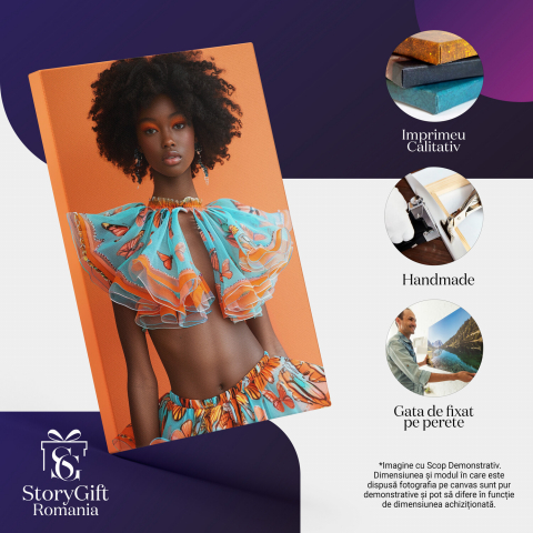 Armonia Hainelor - Tablou Canvas cu Femeia Mulatră în Machiaj Coordonat și Rochie Vaporoasă, Marime 40x25CM [1]