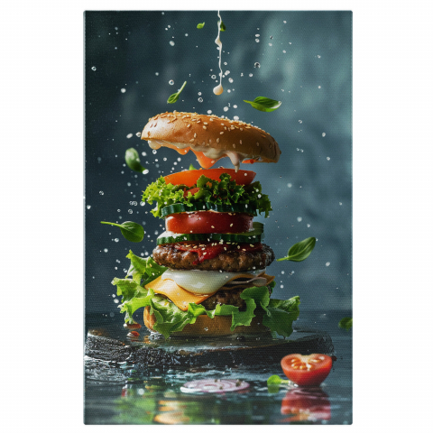 Asamblarea Deliciosului Burger pe Platou Rotund Negru – Pictură Digitală, Marime 40x25CM