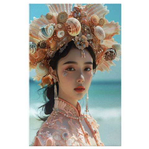 Asiatica cu Pălărie din Scoici, Cercei Lung și Rochie Tradițională, Marime 40x25CM