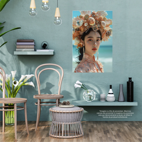 Asiatica cu Pălărie din Scoici, Cercei Lung și Rochie Tradițională, Marime 40x25CM [2]