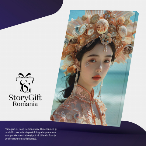 Asiatica cu Pălărie din Scoici, Cercei Lung și Rochie Tradițională, Marime 40x25CM [3]