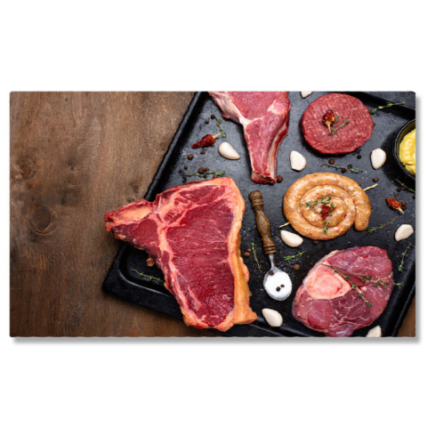 Mâncare - Tablou Canvas Asortiment de Diferite tipuri de Carne Diverse tipuri de carne, cum ar fi friptura, biftec, preparate la gratar si delicatese din carne de porc 40x25CM