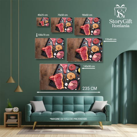Tablou Canvas Asortiment de Diferite tipuri de Carne Diverse tipuri de carne, cum ar fi friptura, biftec, preparate la gratar si delicatese din carne de porc 40x25CM [4]