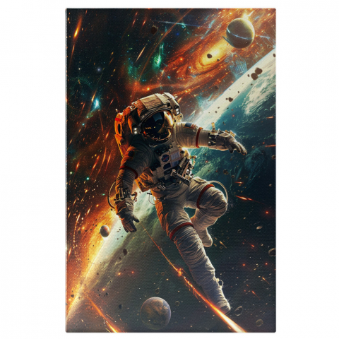 Tablouri Canvas - Tablou Canvas  Astronaut in Costum Alb cu Ghiozdan in Spate Leviteaza in Spatiu Printre Planete si Meteoriti , Pictura Digitala 70x50CM
