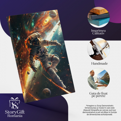 Tablou Canvas  Astronaut in Costum Alb cu Ghiozdan in Spate Leviteaza in Spatiu Printre Planete si Meteoriti , Pictura Digitala 70x50CM [1]
