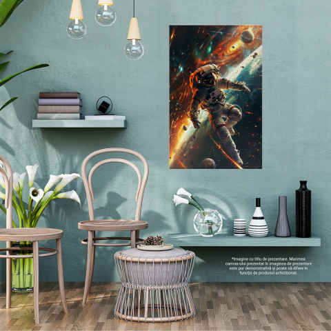 Tablou Canvas  Astronaut in Costum Alb cu Ghiozdan in Spate Leviteaza in Spatiu Printre Planete si Meteoriti , Pictura Digitala 70x50CM [2]
