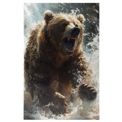 Animale - Tablou Canvas Atacut Iminent Al Ursului Brun în Apa Zbuciumată de Mișcările Puternice , Pictura Digitala 40x25CM