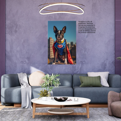 Tablou Canvas Boston Terrier Superman pe Stâncă cu Oras în Fundal, Marime 40x25CM [2]