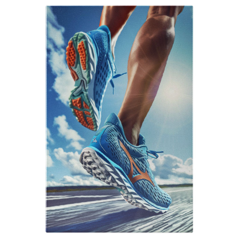 Sport - Tablou Canvas Atletist în mișcare purtând adidasi sport albaștrii- Mișcare, soare si viteză , Pictura Digitala 40x25CM