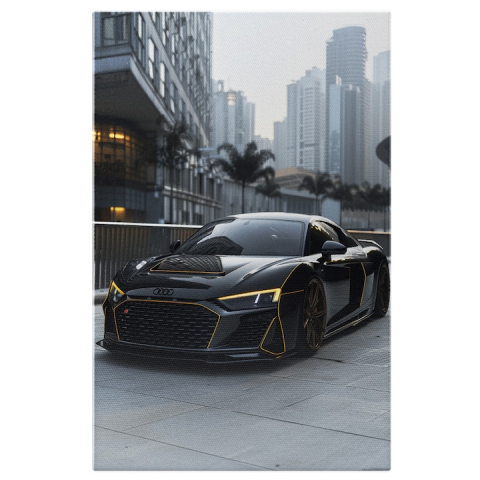 Tablouri Canvas - Tablou Canvas  Audi Negru Masina Sport Lucioasa cu Detalii Galbene Merge pe o Strada cu Blocuri Inalte , Pictura Digitala 40x25CM