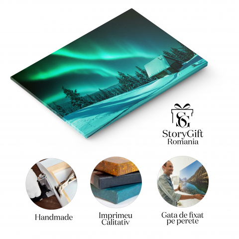 Tablou Canvas Aurora Boreala Peisaj Minunat Nordic, Casa, Luminile Nordului, Peisaj, Albastru 40x25CM [1]