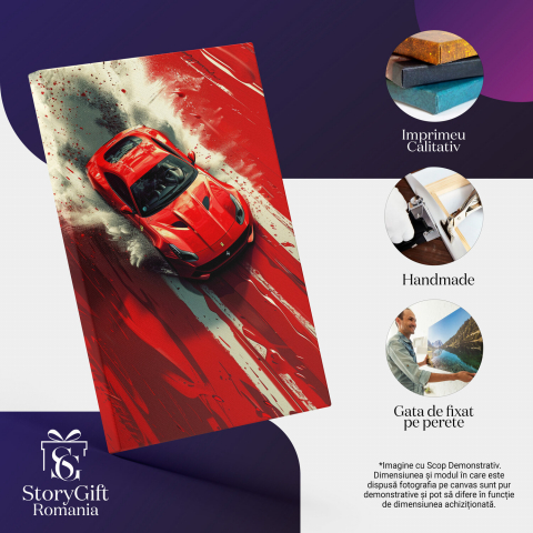 Tablou Canvas Ferrari Roșu în Viteză pe Drum Colorat | Pictură Digitală, Marime 40x25CM [1]