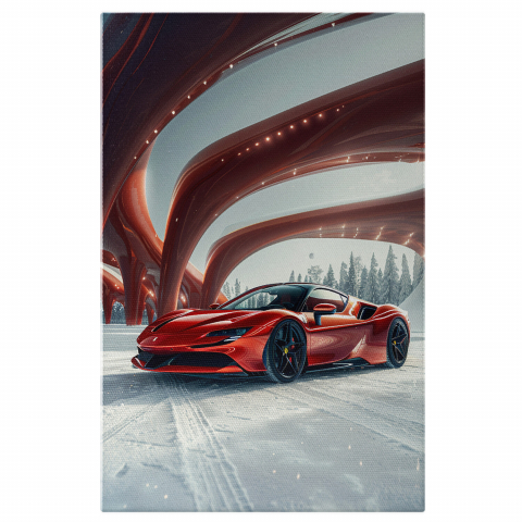 Tablou Canvas Ferrari Roșu pe Drum cu Zăpadă și Arcade cu LED - Artă Digitală Modernă, Marime 40x25CM