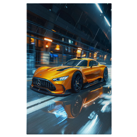 Vehicule - Tablou Canvas  Autoturism Galben Sport Mercedes trece cu Viteza pe langa un Restaurant in timp ce Ploua , Pictura Digitala 40x25CM