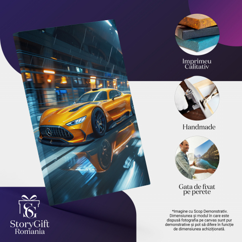Tablou Canvas Mercedes Galben Sport în Viteză | Pictură Digitală cu Plouă și Restaurant, Marime 40x25CM [1]