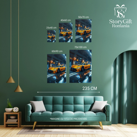 Tablou Canvas Mercedes Galben Sport în Viteză | Pictură Digitală cu Plouă și Restaurant, Marime 40x25CM [3]