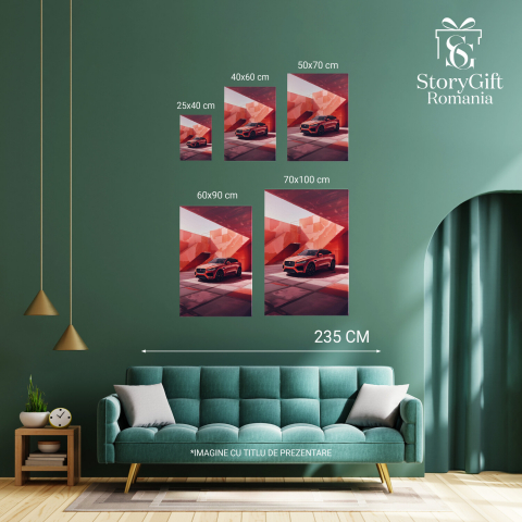 Shiny Red Jaguar Car Parked by a Red Wall – Digital Art, Marime 40x25CM [3]