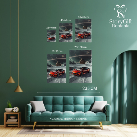 Tablou Canvas - Autoturism Sport Roșu cu Zăpadă și Planete: Aventură Spațială a Mașinii, Marime 40x25CM [3]