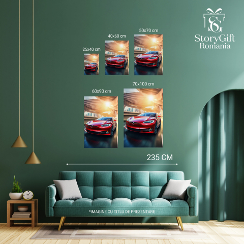 Tablou Canvas Tesla Roșie pe Șosea | Pictură Digitală Autovehicul Electric, Marime 40x25CM [2]