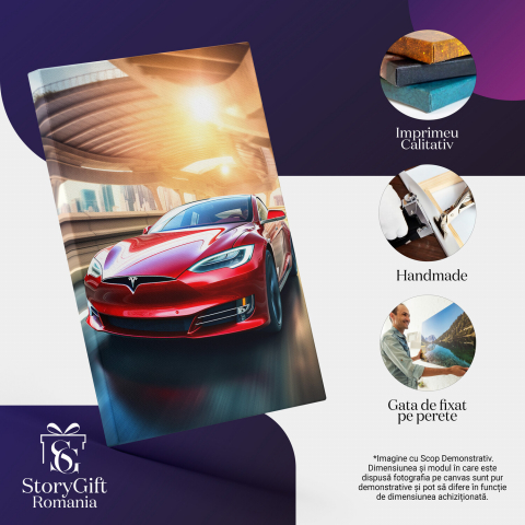 Tablou Canvas Tesla Roșie pe Șosea | Pictură Digitală Autovehicul Electric, Marime 40x25CM [1]