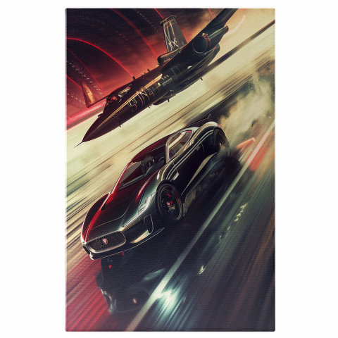 Vehicule - Tablou Canvas - Avion de Luptă deasupra unei Mașini Sport, Marime 40x25CM