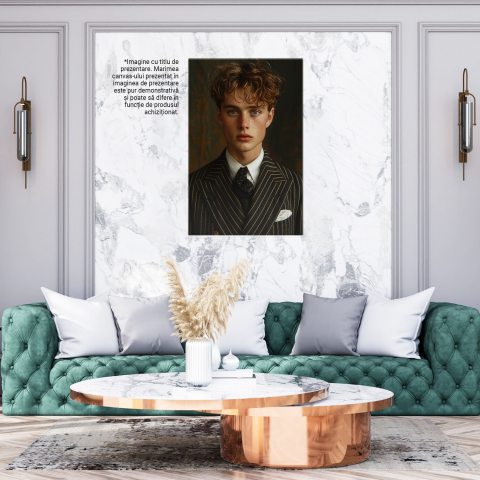 Tablou Canvas Băiat Chipeș cu Ochii Luminati și Pistrui în Cămașă Albă cu Cravată și Sacou Dungat | Pictură Digitală, Marime 40x25CM [2]