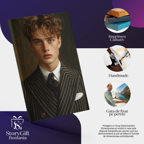 Tablou Canvas Băiat Chipeș cu Ochii Luminati și Pistrui în Cămașă Albă cu Cravată și Sacou Dungat | Pictură Digitală, Marime 40x25CM [1]