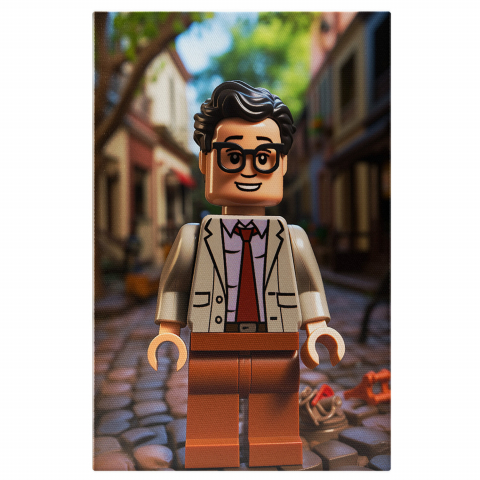 Tablou Canvas - Baiat Lego Figurina pe Strada de Pietre în Bej și Maro cu Cravată, Marime 40x25CM