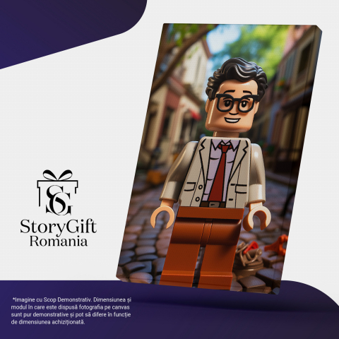 Tablou Canvas - Baiat Lego Figurina pe Strada de Pietre în Bej și Maro cu Cravată, Marime 40x25CM [3]