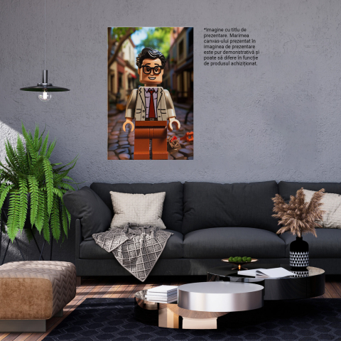 Tablou Canvas - Baiat Lego Figurina pe Strada de Pietre în Bej și Maro cu Cravată, Marime 40x25CM [2]